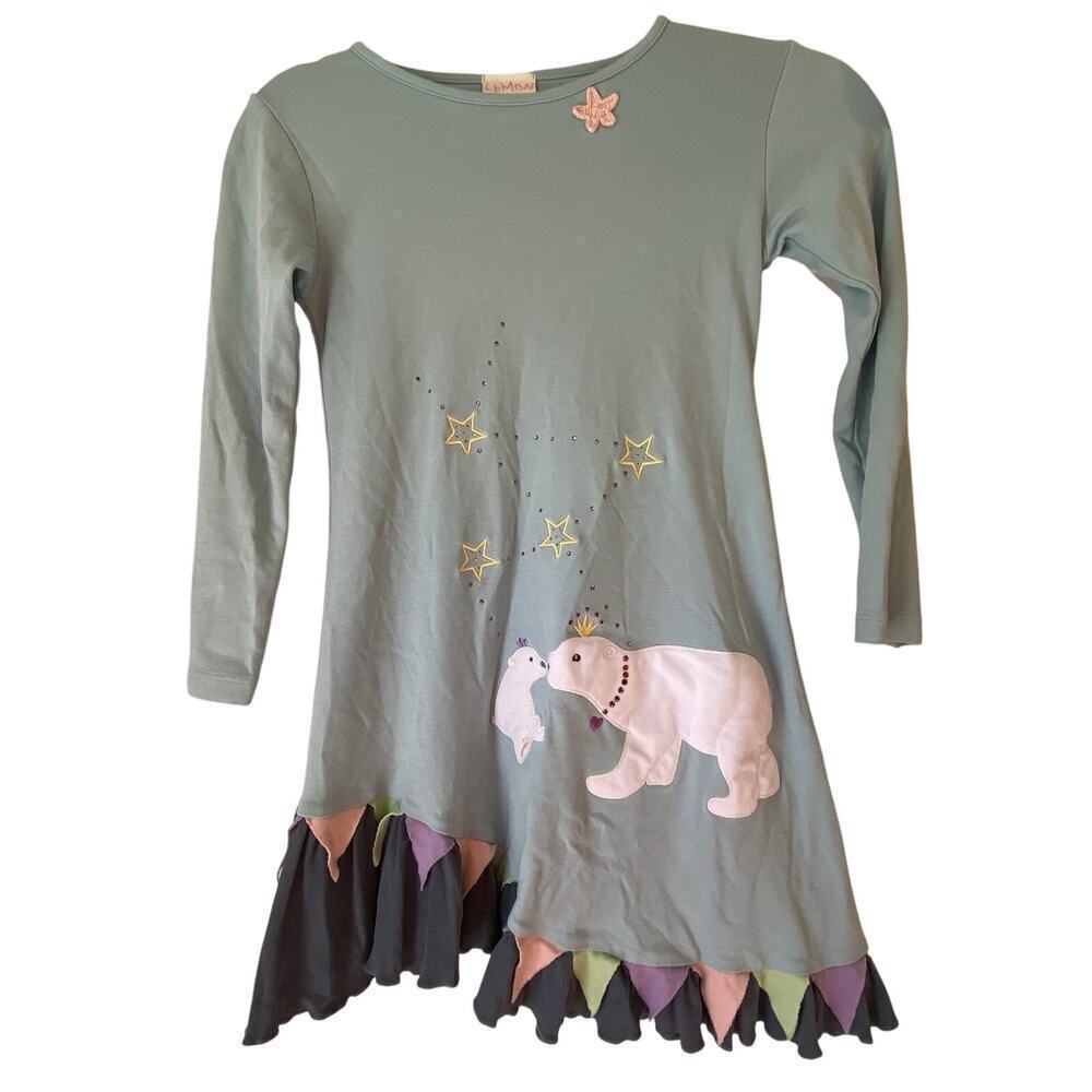 Girls Size 8 Lemon Loves Lime Dress & Leggings Set Embroidered Polar Bear Stars